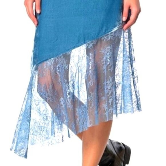 Free People ✦ My Lacey Velvet Midi Skirt ✦ Blue Asymmetrical Lace Hem Side Zip - Picture 11 of 16